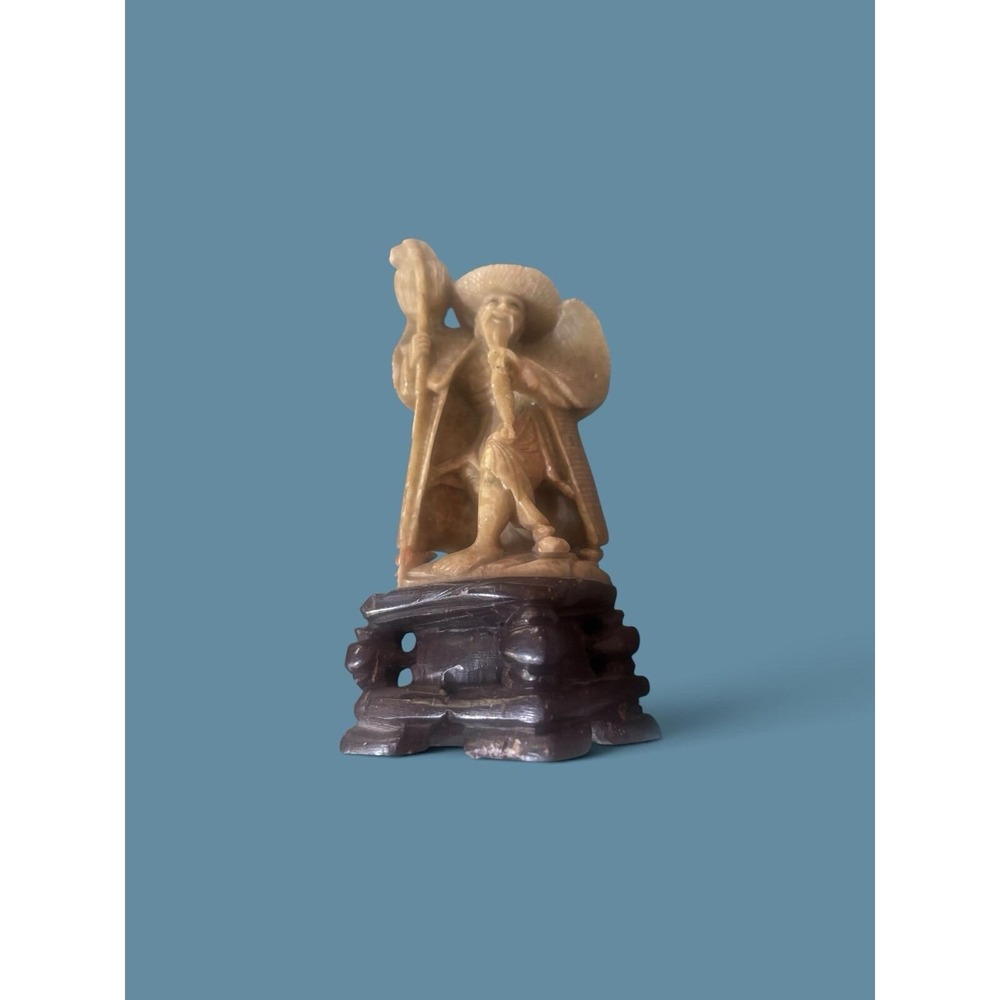 Hand Carved Soapstone Chinese Fisherman Vintage 5"collectible Figurine